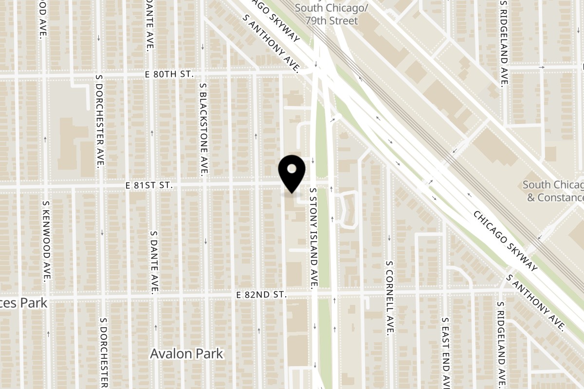 Map showing the location of Jerk Society on 8100 S Stony Island Ave in Chicago